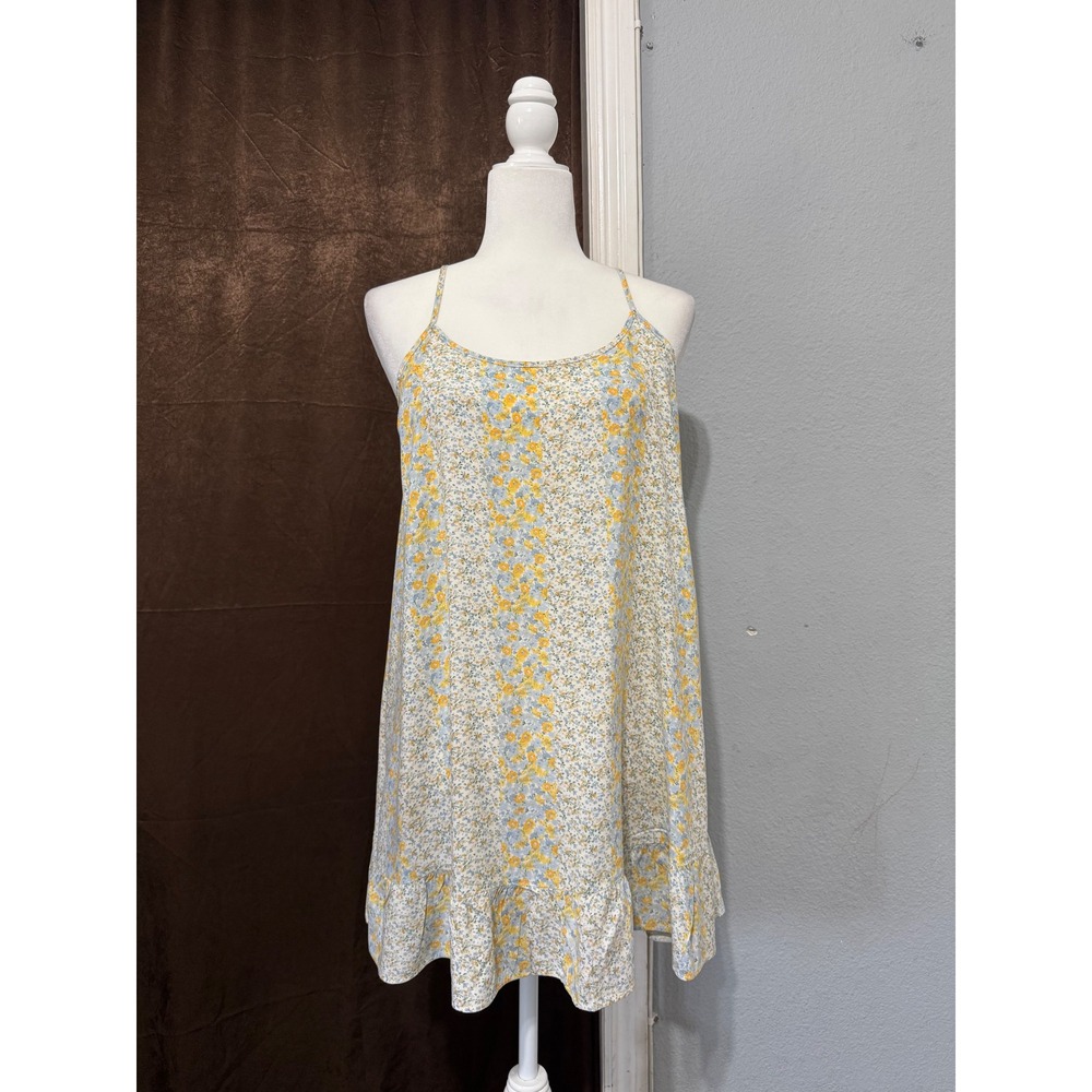 Babdoll Mini Dress M Yellow Blue‎ Floral Ruffle Hem Cottagecore Sundress Summer